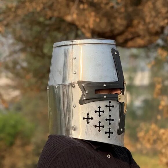 Knight Templar Crusader Helmet Medieval Great Helm Handmade Steel Brass Gift - Picture 5 of 7